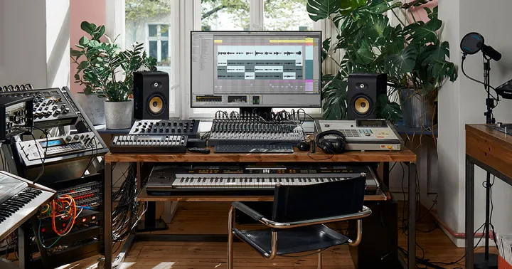 A music studio with Ableton Live on screen
