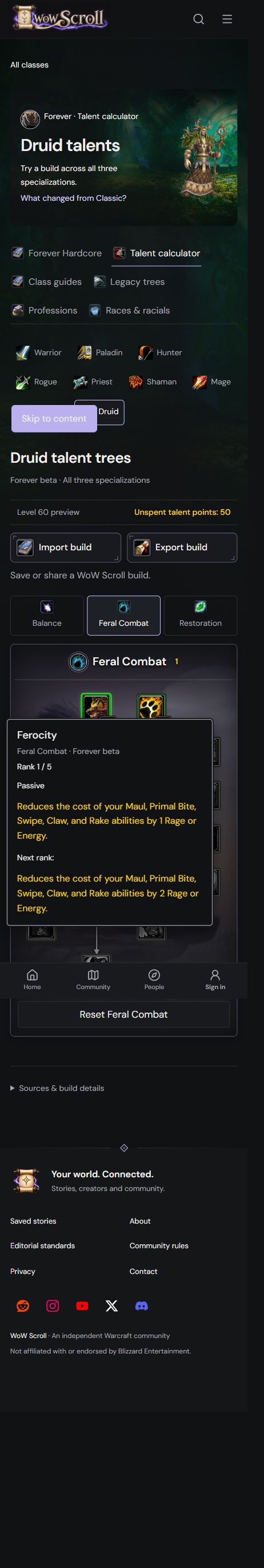 Saved mobile browser review of the Druid talent calculator