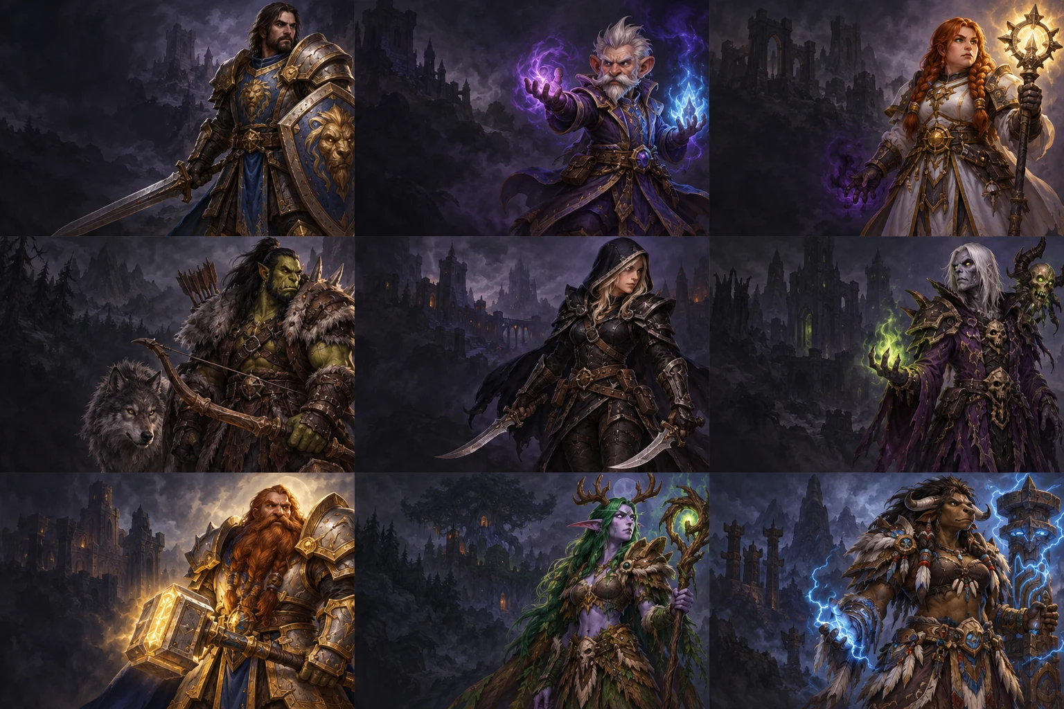 Generated nine-panel Warcraft class illustration atlas
