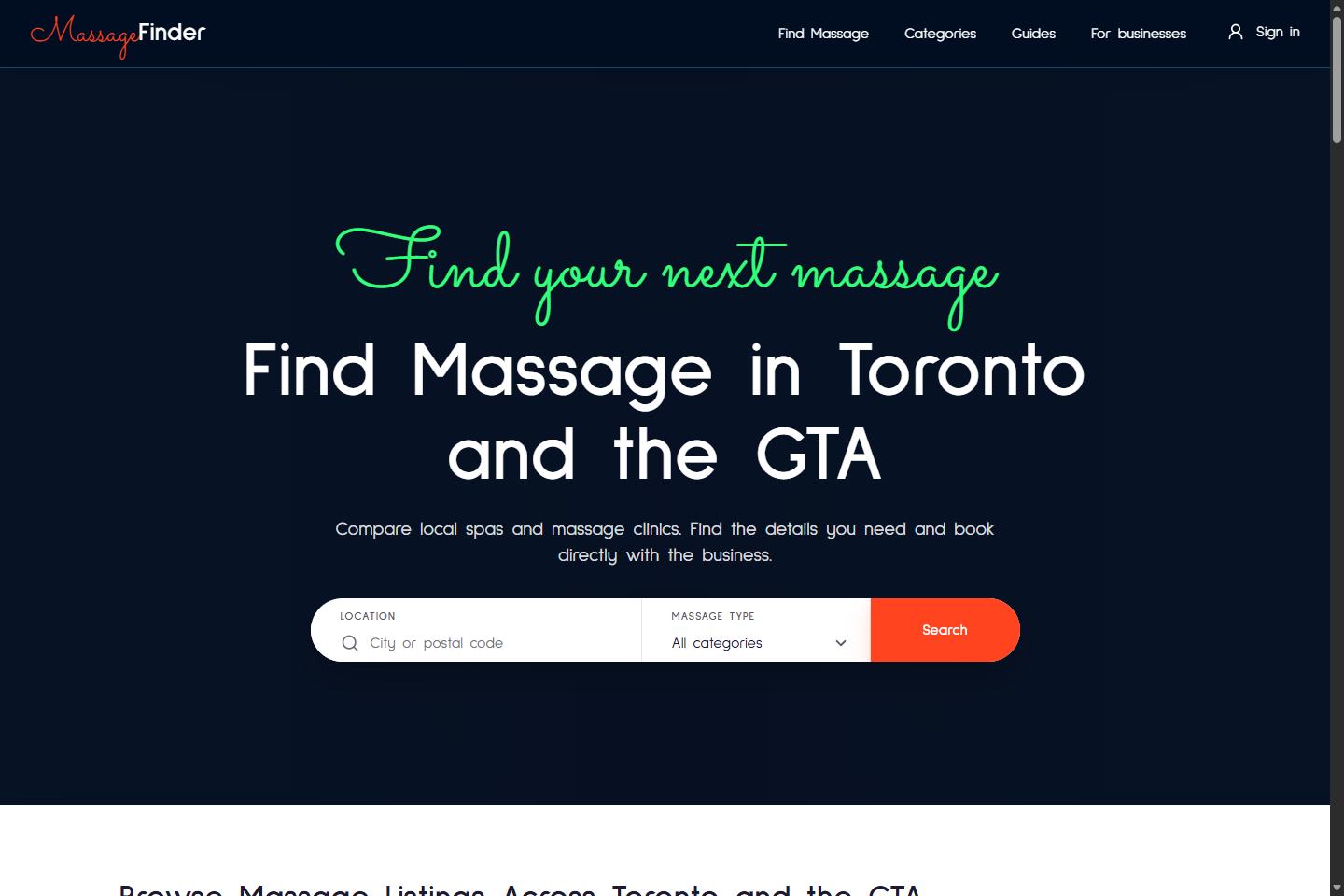 Massage Finder homepage with location search and directory browsing