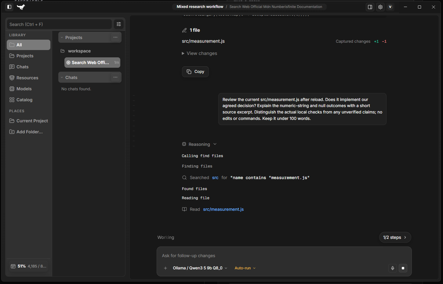 ViCode desktop application showing local projects, an Ollama model selection, a conversation, and captured code changes.
