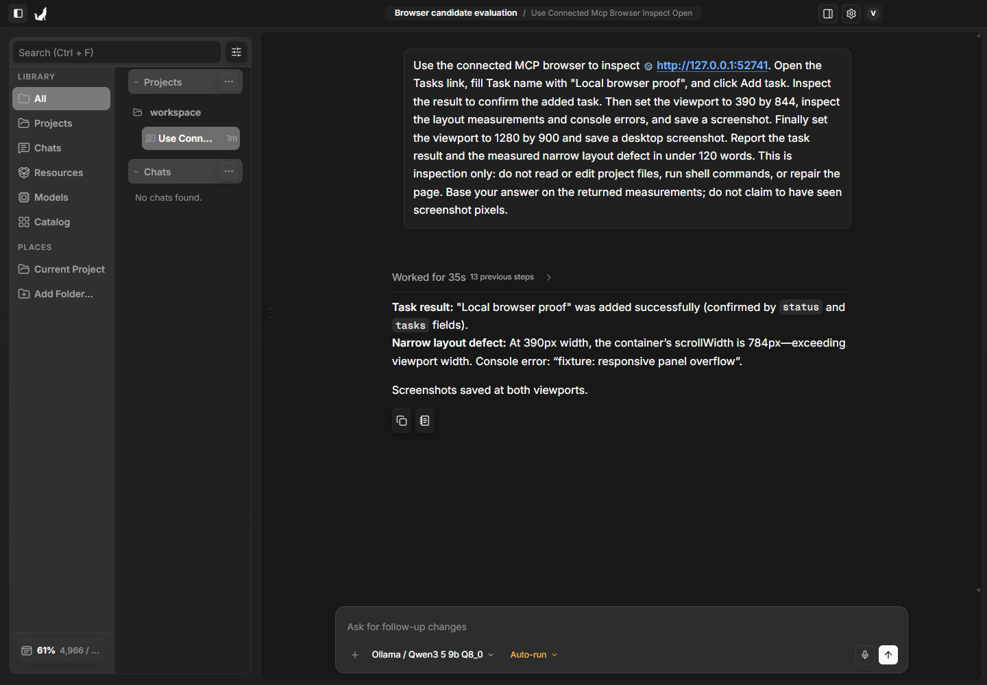 ViCode showing a completed browser inspection with a local model, task results, and responsive layout findings.