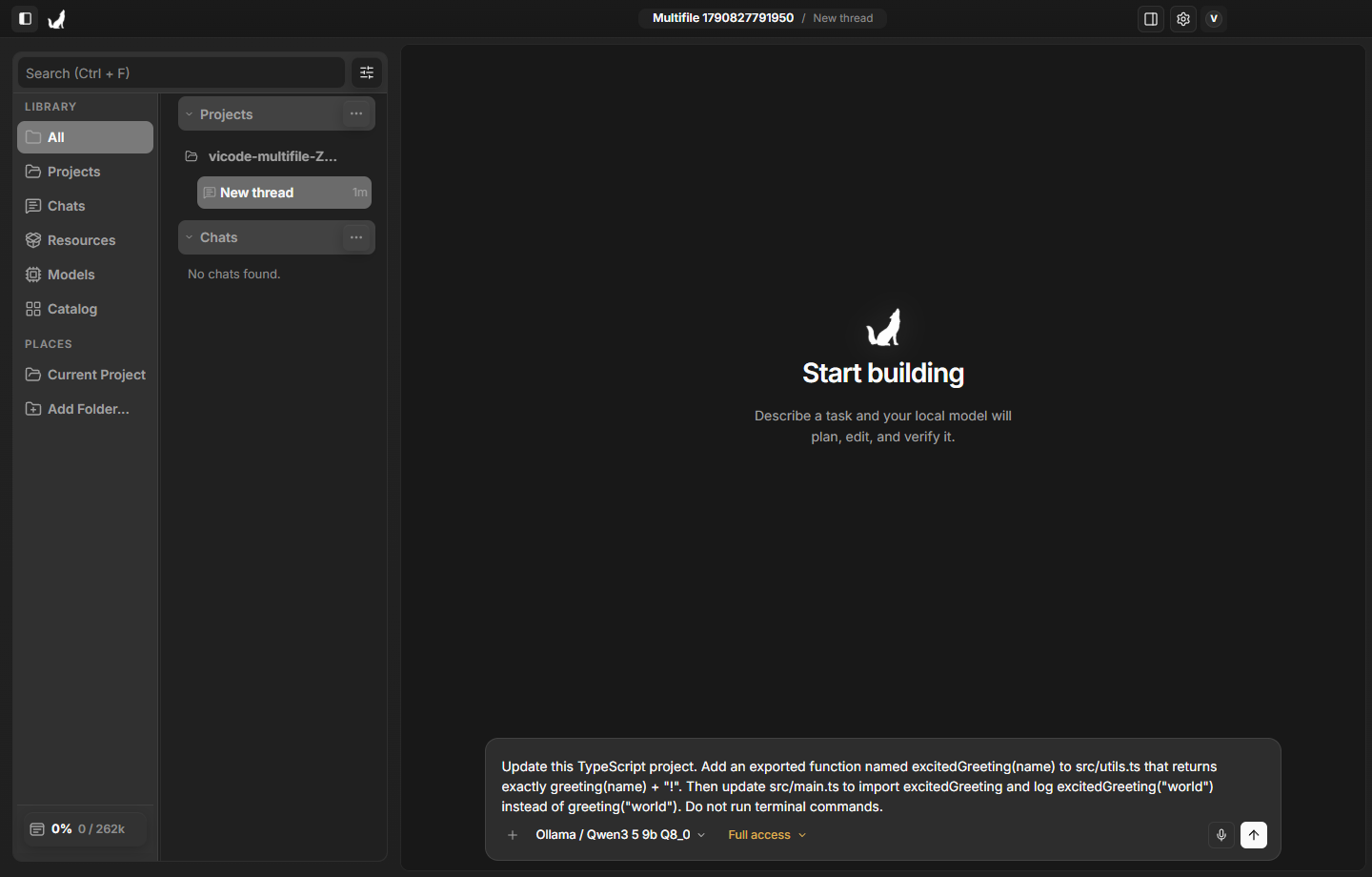 ViCode new project workspace with a task prompt and a local Ollama model selected.