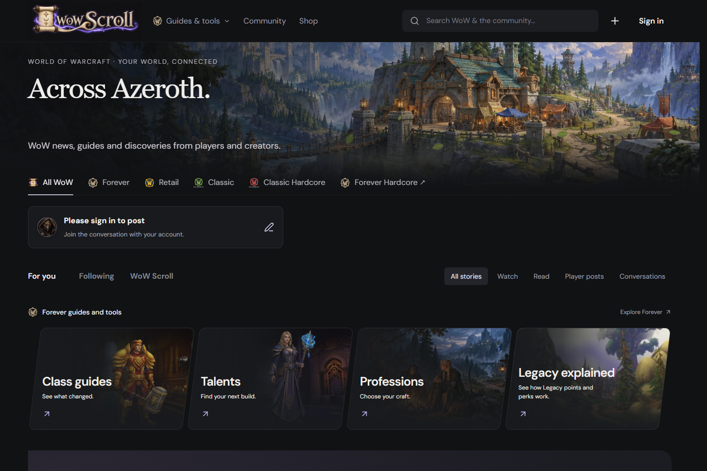 WoW Scroll homepage featuring World of Warcraft guides and tools