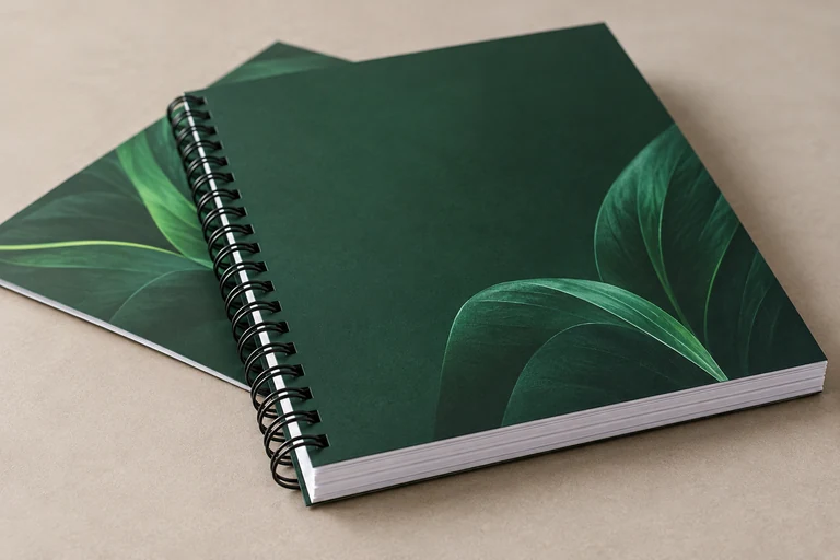 Green printed coil-bound booklet