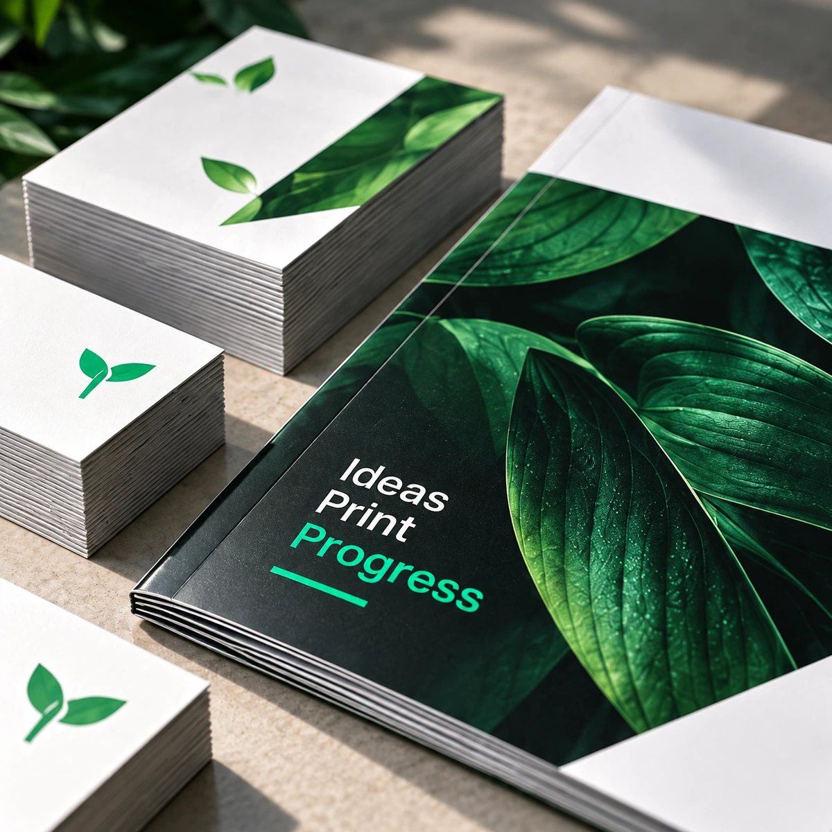 Green printed brochures and business cards, stacked on a work surface